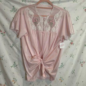 Vintage 80s 1980s Pink Floral Embroidered Lace Pajama Top Size M/L